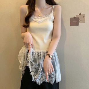 黑色蕾丝花边下摆吊带背心女早春胖mm内搭中长款 300斤加大码 上衣