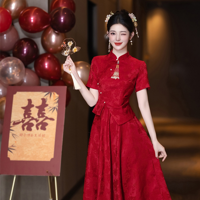 新中式改良旗袍敬酒服新娘结婚红色订婚连衣裙女小个子回门感