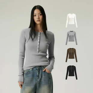 收腰显瘦长袖 新品 T恤女 上衣25秋季 兰精天丝™亨利领修身