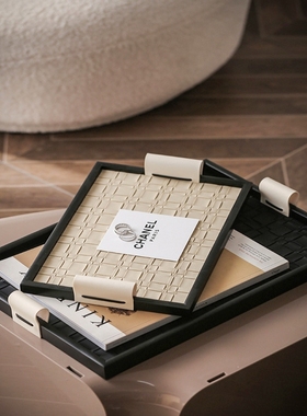 轻奢黑色玄关手提香薰精油皮革编制托盘摆件高级感美容院茶几摆盘