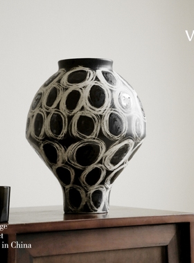 【循野】法式中古风陶瓷黑色花瓶新中式可插花圆圈酒店花器摆件