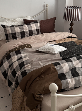 美拉德色系纯棉四件套全棉床上三件套宿舍被套床单ins风复古格子
