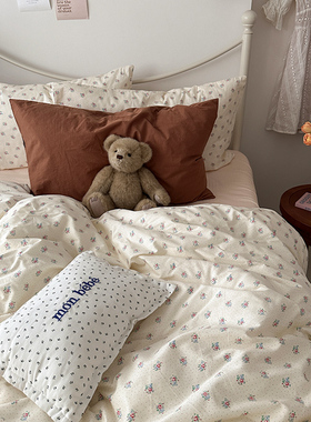 网红小清新纯棉床上用品四件套全棉被套床单三件套ins小碎花粉色