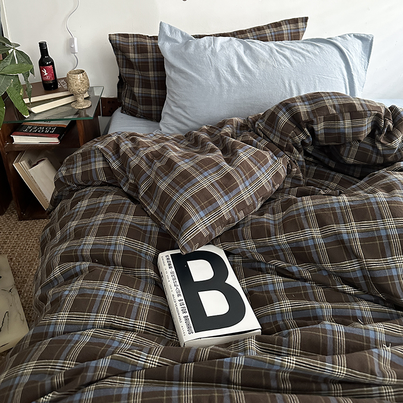 复古格子纯色混搭纯棉床上四件套全棉被套床单床笠款床品被罩ins