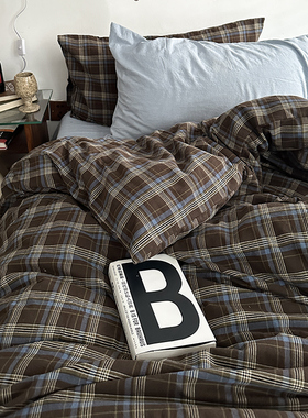 复古格子纯色混搭纯棉床上四件套全棉被套床单床笠款床品被罩ins