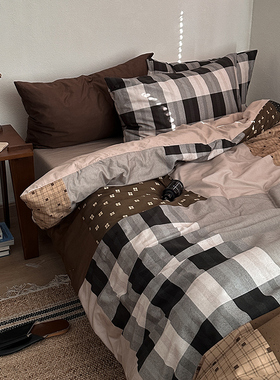 美拉德色系纯棉四件套全棉床上三件套宿舍被套床单ins风复古格子