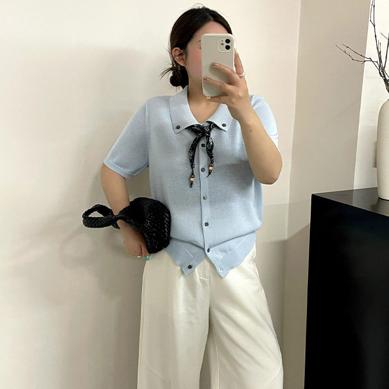 新款大码女装减龄丝巾上衣女针织衫2026夏胖mm休闲短袖t恤23851