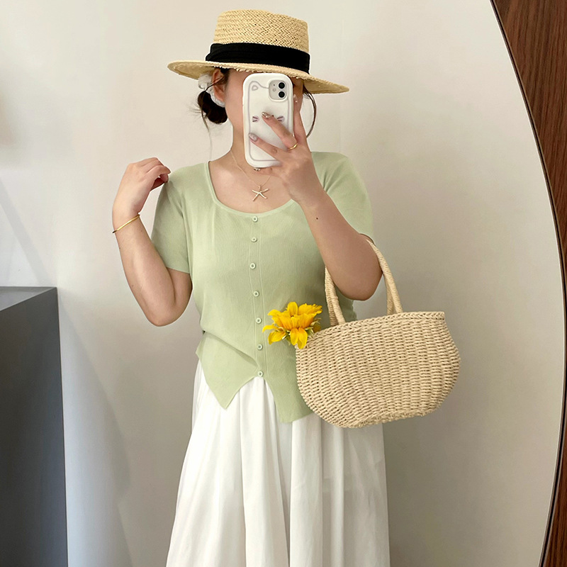 大码女装抽绳设计感针织衫女开叉上衣2025夏胖mm短袖t恤23036乃粒