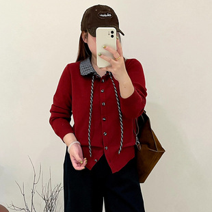 乃粒23698大码女装polo领撞色拼接上衣25冬胖mm休闲宽松针织开衫