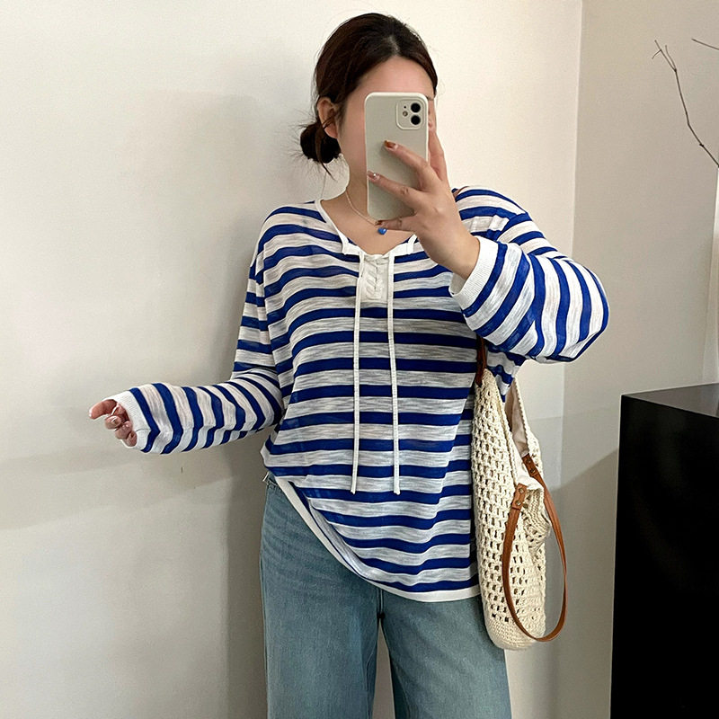 正品23796大码女装绑带休闲上衣长袖薄款条纹衫2026夏胖mm针织衫