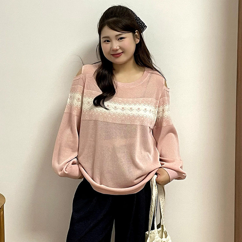 乃粒23775大码女装露肩长袖上衣2026春胖mm宽松撞色提花针织衫女