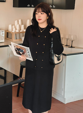 200斤大码女装套装连衣裙外搭马甲2024冬胖mm显瘦针织两件套21927