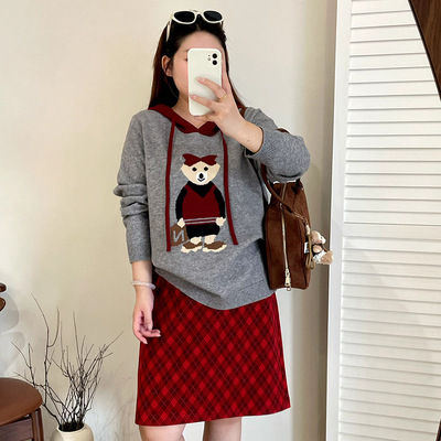 乃粒23630大码女装连帽卫衣女提花小熊毛衣2025冬胖mm休闲针织衫