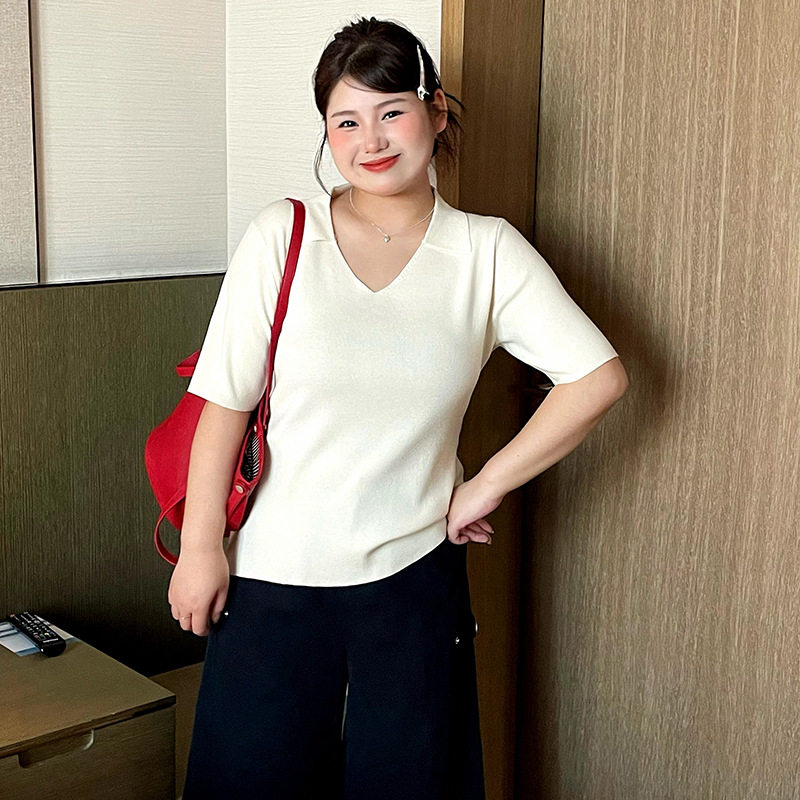 乃粒23686大码女装休闲polo领上衣短袖t恤26春胖mm显瘦收腰针织衫