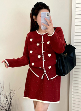 乃粒22683大码女装气质红色针织套装25冬胖mm开衫外套半裙两件套