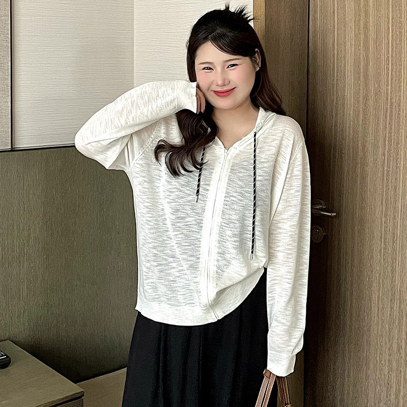 23759大码女装v领连帽衫女防晒衣2026夏胖mm薄款宽松针织开衫