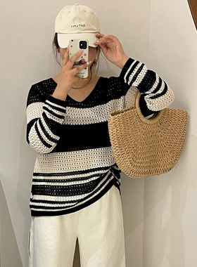 乃粒22702大码女装v领镂空外搭上衣女条纹衫2025秋胖mm长袖针织衫