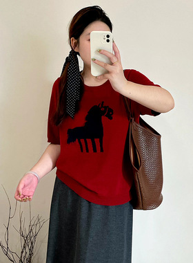 乃粒23720大码女装提花小马短袖毛衣2026春胖mm休闲针织衫女上衣