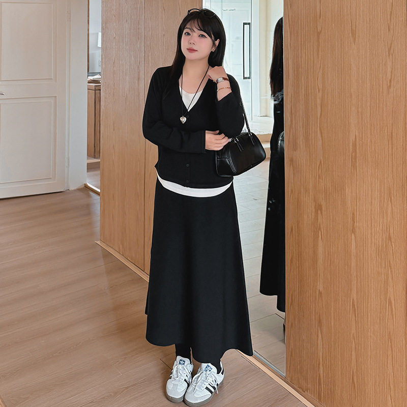 乃粒22901时尚韩系套装200斤胖mm长袖假两件上衣半身裙两件套女士