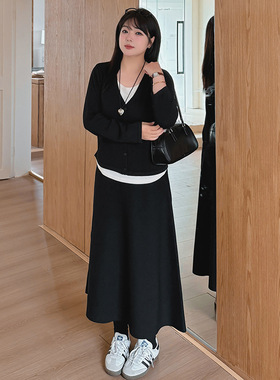 乃粒22901时尚韩系套装200斤胖mm长袖假两件上衣半身裙两件套女士