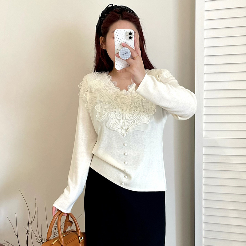 乃粒大码女装重工拼接v领上衣气质毛衣25秋款胖mm打底针织衫23297