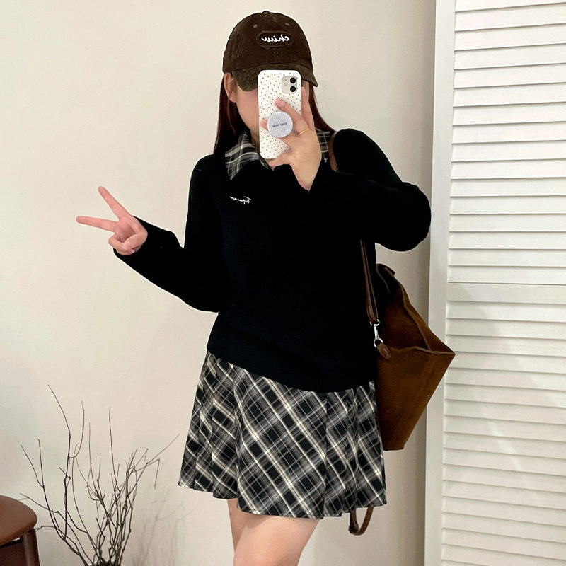 大码女装格子polo领上衣女25秋款胖mm休闲学院风针织衫23305