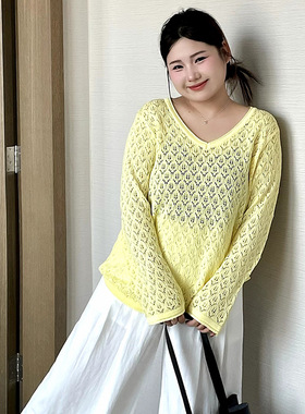 乃粒23752大码v领长袖罩衫女镂空上衣2026春夏胖mm外搭宽松针织衫