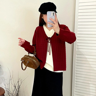 乃粒23582大码女装假两件绑带上衣2025冬胖mm撞色针织衫休闲毛衣