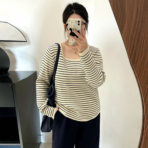 大码女装方领上衣显瘦条纹2025秋款胖mm打底宽松针织衫22389乃粒