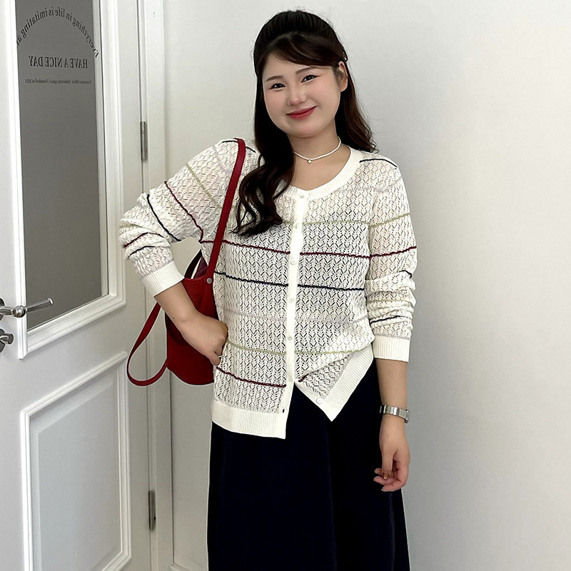正品23866大码女装撞色镂空外套女条纹衫2026夏胖mm薄款针织开衫