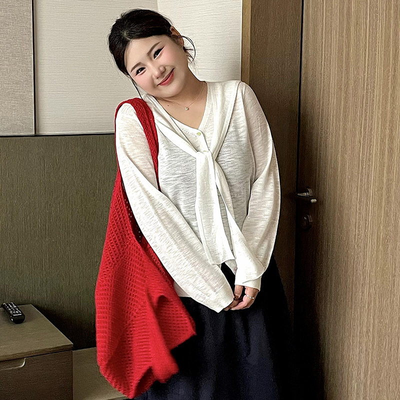 23825大码女装休闲薄款长袖外套披肩针织衫2026春夏胖mm开衫