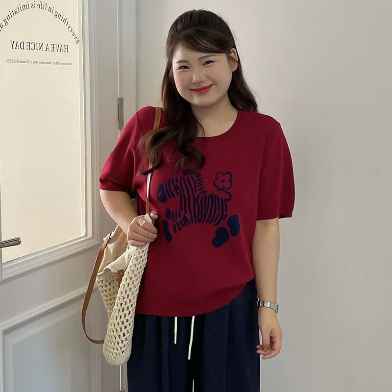 乃粒23798大码女装提花小马短袖t恤2026春款胖mm宽松休闲针织衫女