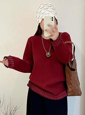 乃粒23525大码女装休闲上衣女拼接花边毛衣2025冬胖mm宽松针织衫