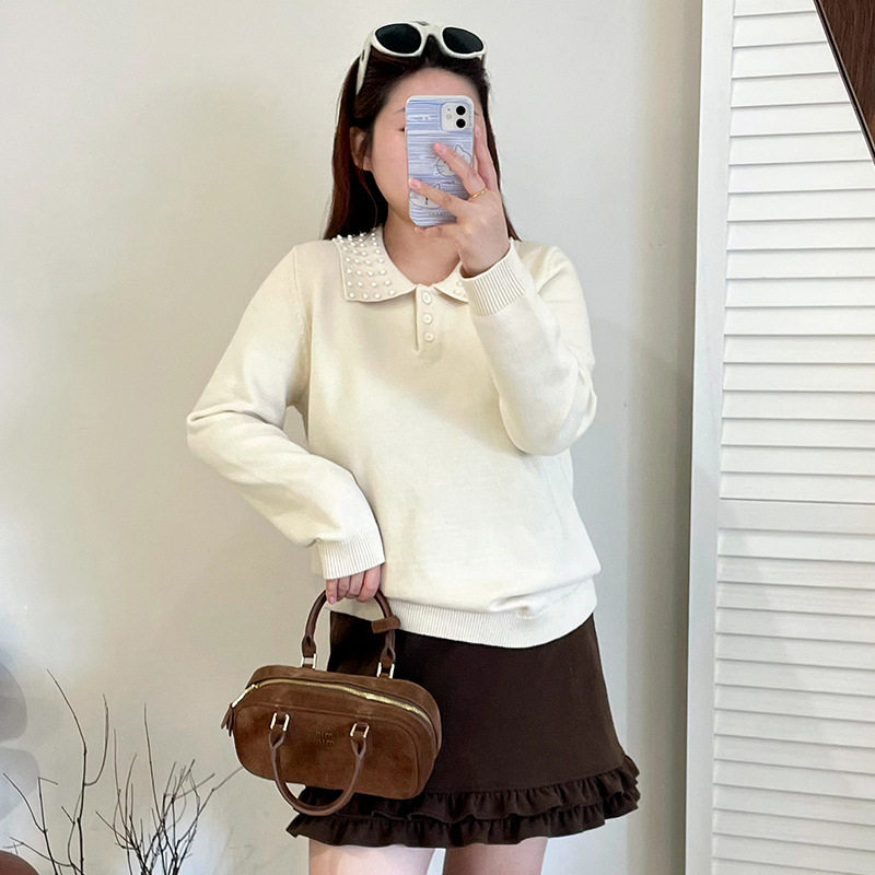 乃粒23370大码女装设计感钉珠polo领上衣2025冬胖mm毛衣女针织衫