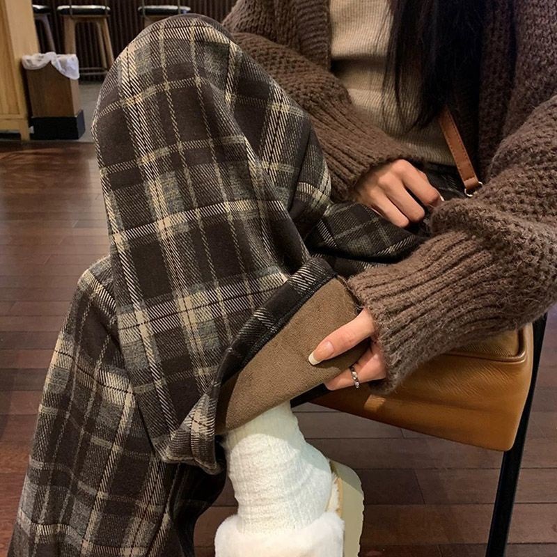 实价毛呢格子裤女秋冬季2025新款高腰垂感直筒美式复古阔腿