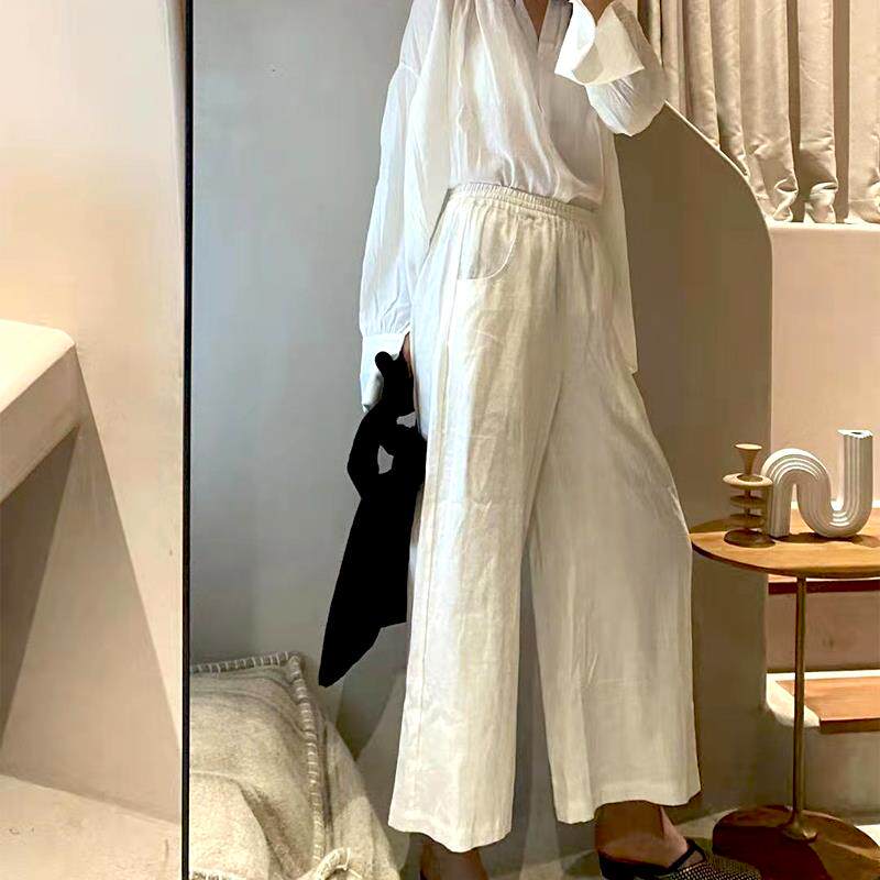 棉麻阔腿裤女士九分裤亚麻直筒显休闲裤