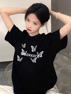 夏季正肩纯棉短袖t恤女学生新款爆款设计感小众美式宽松半袖上衣