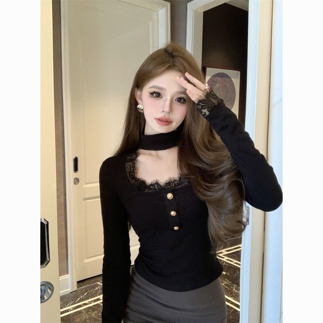 蕾丝花边镂空打底衫长袖T恤女