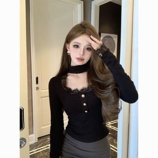 德绒法式气质名媛高级春秋保暖百搭修身显瘦长袖蕾丝拼接打底上衣