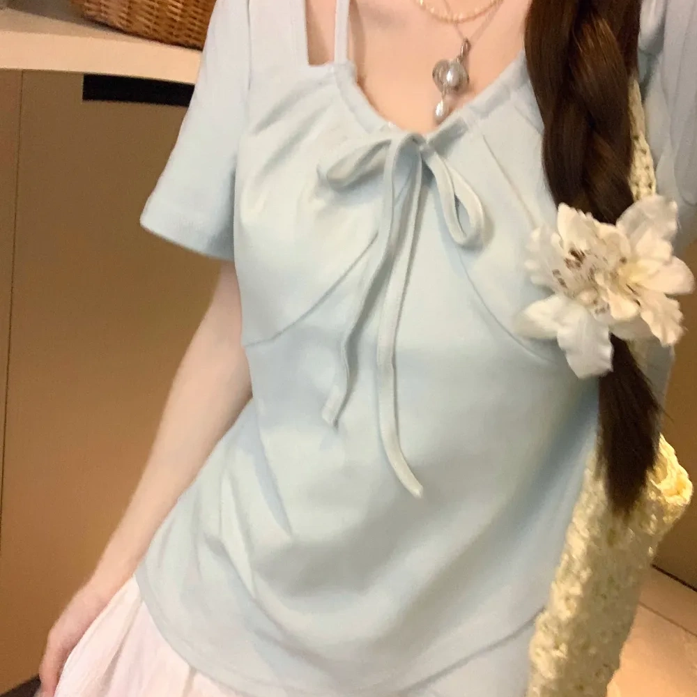 大码宽松胖MM2025夏新款设计感系带纯色短袖修身遮肉显瘦上衣T恤