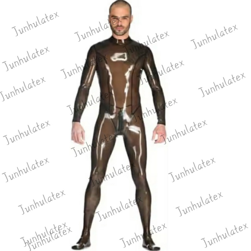 透明黑色乳胶橡胶连体衣男士Gummi连体衣，带后裆拉链