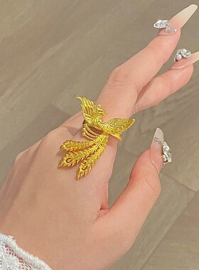 金店同款沙金凤凰花边戒指女中式婚嫁风金色戒指可调节指环