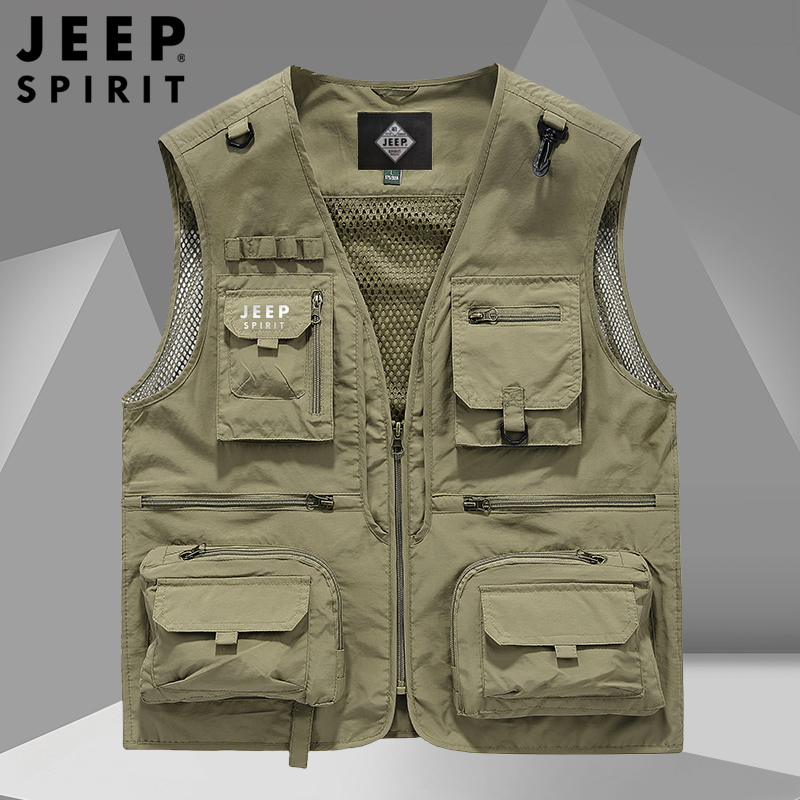 JEEP马甲男中年宽松大码春秋薄款户外速干多口袋定制钓鱼网眼背心