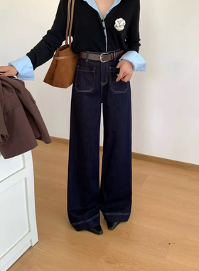 欧货牛仔裤女2025秋冬加绒高腰阔腿裤前口袋直筒拖地裤显瘦单宁色