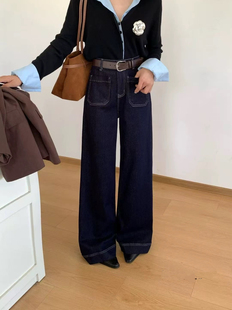 欧货牛仔裤女2025秋冬加绒高腰阔腿裤前口袋直筒拖地裤显瘦单宁色