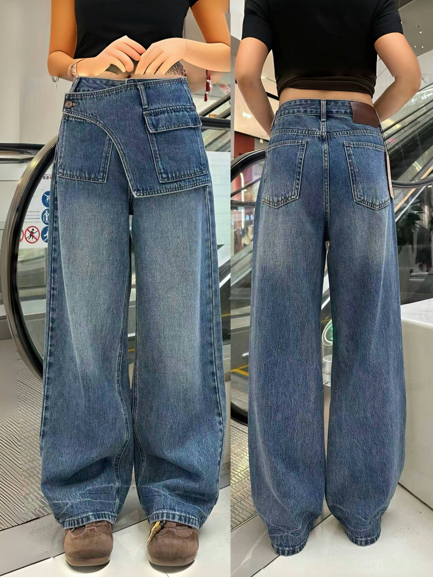 欧洲站2025秋季新款欧货时尚高腰显瘦百搭直筒屁帘阔腿牛仔裤女
