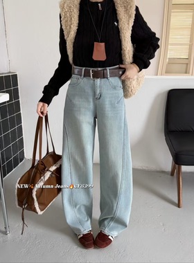 欧货加厚绒蓝舟8399牛仔裤女2025冬浅蓝色弯刀裤宽松显瘦直筒高端