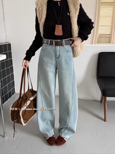欧货加厚绒蓝舟8399牛仔裤 宽松显瘦直筒高端 女2025冬浅蓝色弯刀裤