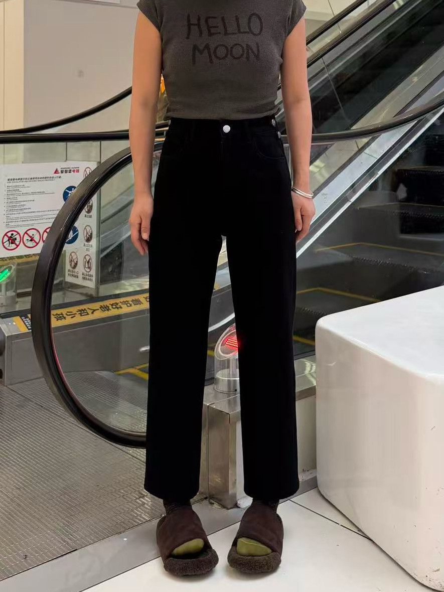欧货黑色牛仔裤女2026秋冬抓绒法棍裤九分弹力小直筒高腰弹力国风