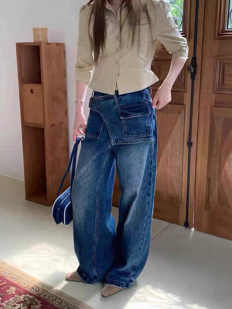 欧货高端牛仔裤女2025早秋高腰深蓝色窄版阔腿裤直筒拖地裤假两件